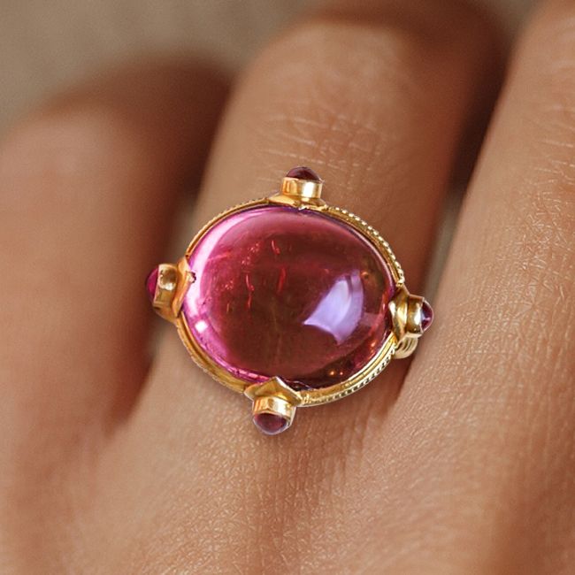 Art Deco Golden Oval Cabochon Cut Red Sapphire Cocktail Ring For Women Belovegrace