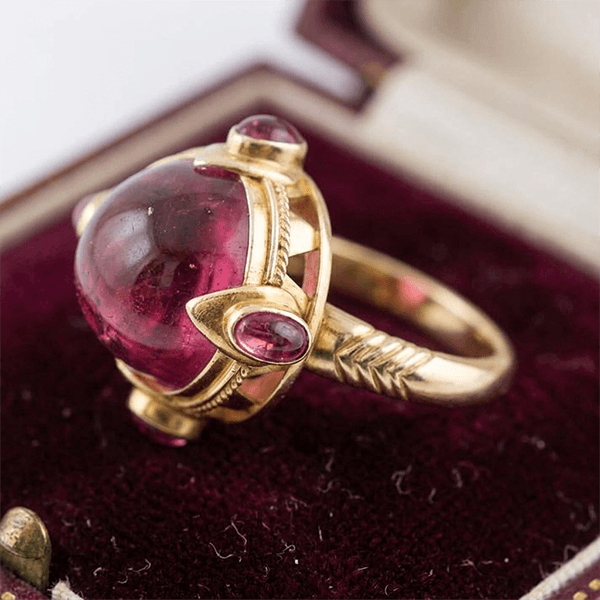 Art Deco Yellow Gold Cabochon Cut Ruby Sapphire Engagement Ring