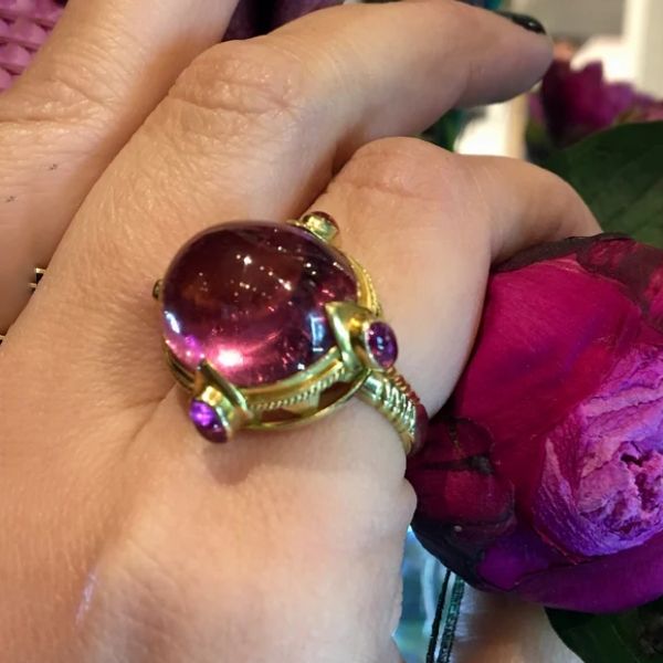Art Deco Golden Oval Cabochon Cut Red Sapphire Cocktail Ring For Women Belovegrace
