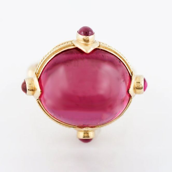Art Deco Golden Oval Cabochon Cut Red Sapphire Cocktail Ring For Women Belovegrace