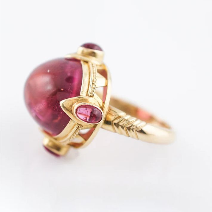 Art Deco Golden Oval Cabochon Cut Red Sapphire Cocktail Ring For Women Belovegrace