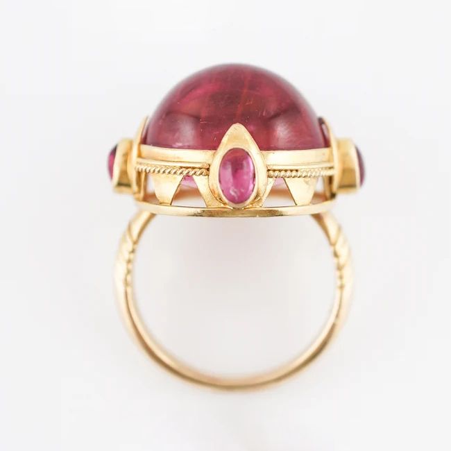 Art Deco Golden Oval Cabochon Cut Red Sapphire Cocktail Ring For Women Belovegrace
