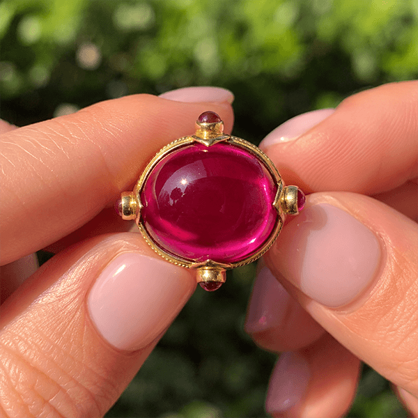Art Deco Yellow Gold Cabochon Cut Ruby Sapphire Engagement Ring