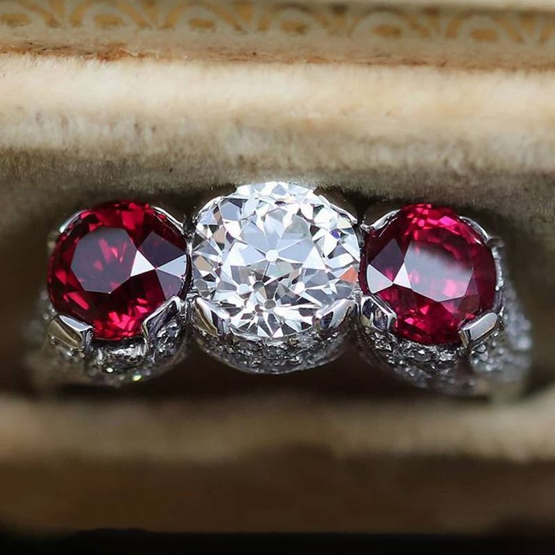 Art Deco Round Cut White & Ruby Sapphire Engagement Ring For Women Belovegrace