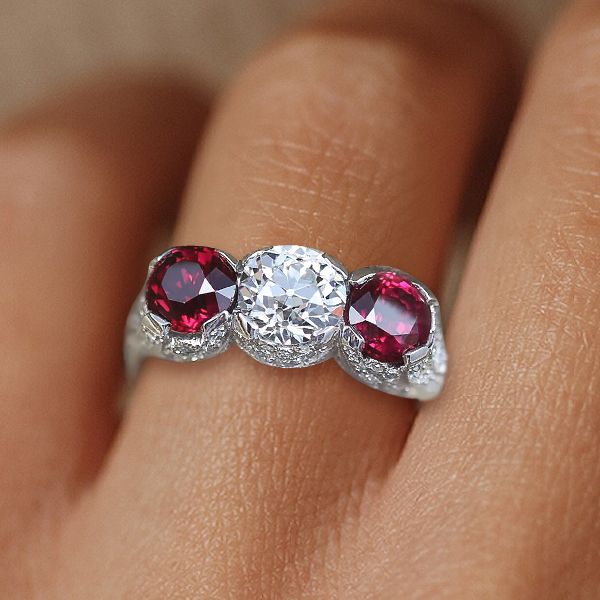 Art Deco Round Cut White & Ruby Sapphire Engagement Ring For Women Belovegrace