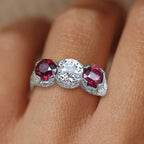 Art Deco Round Cut White & Ruby Sapphire Engagement Ring For Women Belovegrace
