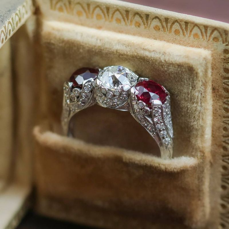 Art Deco Round Cut White & Ruby Sapphire Engagement Ring For Women Belovegrace