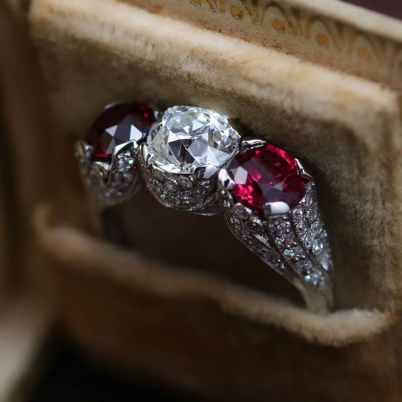 Art Deco Round Cut White & Ruby Sapphire Engagement Ring For Women Belovegrace