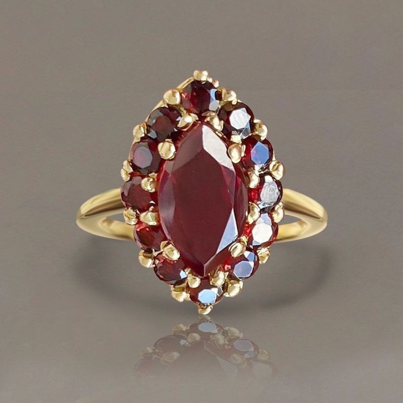 Golden Halo Marquise Cut Garnet Sapphire Engagement Ring For Women Belovegrace