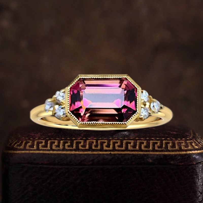 Golden Emerald Cut Ring Ruby Engagement Ring For Women Belovegrace
