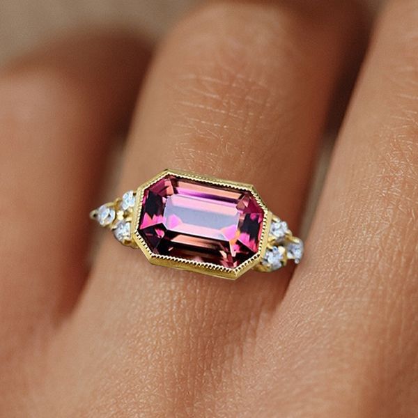 Golden Emerald Cut Ring Ruby Engagement Ring For Women Belovegrace
