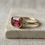 Golden Bezel Ruby Sapphire Emerald Cut Engagement Ring