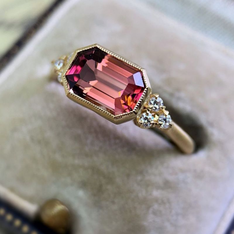 Golden Emerald Cut Ring Ruby Engagement Ring For Women Belovegrace