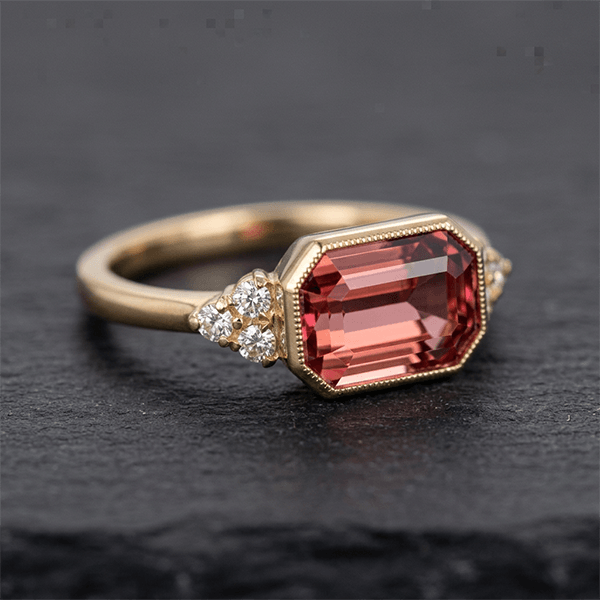 Golden Bezel Ruby Sapphire Emerald Cut Engagement Ring