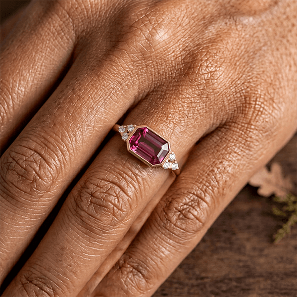 Golden Bezel Ruby Sapphire Emerald Cut Engagement Ring