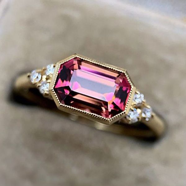 Golden Emerald Cut Ring Ruby Engagement Ring For Women Belovegrace