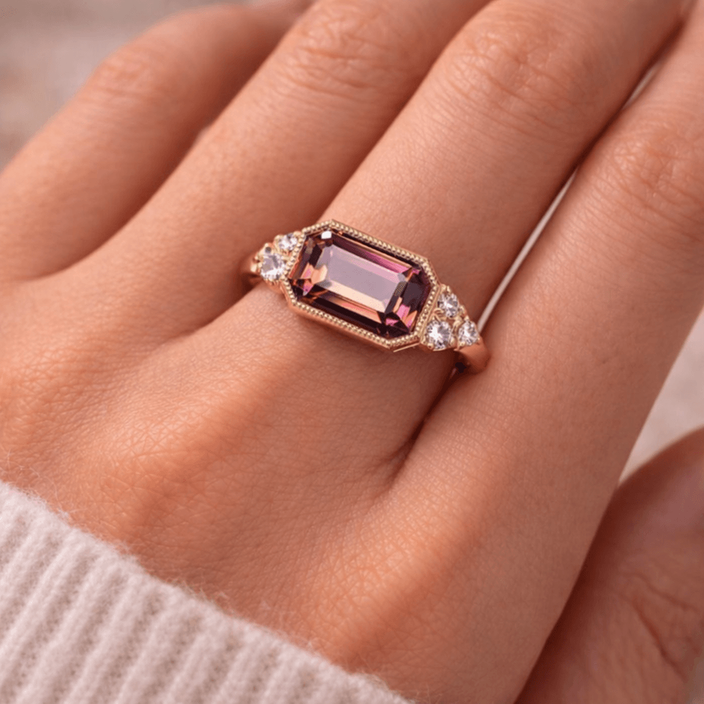 Golden Bezel Ruby Sapphire Emerald Cut Moissanite Engagement Ring