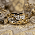Wide Wave Shape Golden Round Cut White Sapphire Wedding Bnad Ring