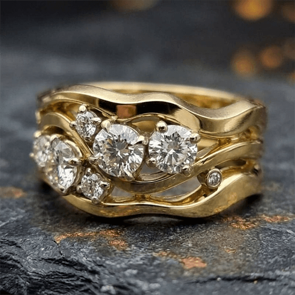 Wide Wave Shape Golden Round Cut White Sapphire Wedding Bnad Ring