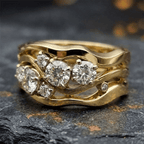 Wide Wave Shape Golden Round Cut White Sapphire Wedding Bnad Ring