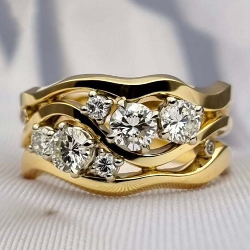 Golden Multi Row Round Cut White Sapphire Wedding Band Ring For Women Belovegrace