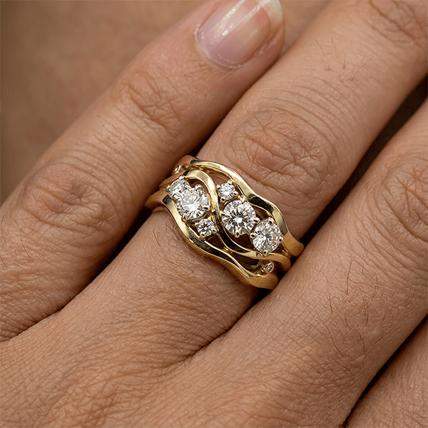 Wide Wave Shape Golden Round Cut White Sapphire Wedding Bnad Ring