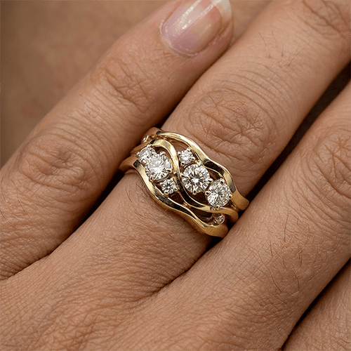 Wide Wave Shape Golden Round Cut White Sapphire Wedding Bnad Ring