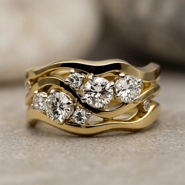 Wide Wave Shape Golden Round Cut White Sapphire Wedding Bnad Ring