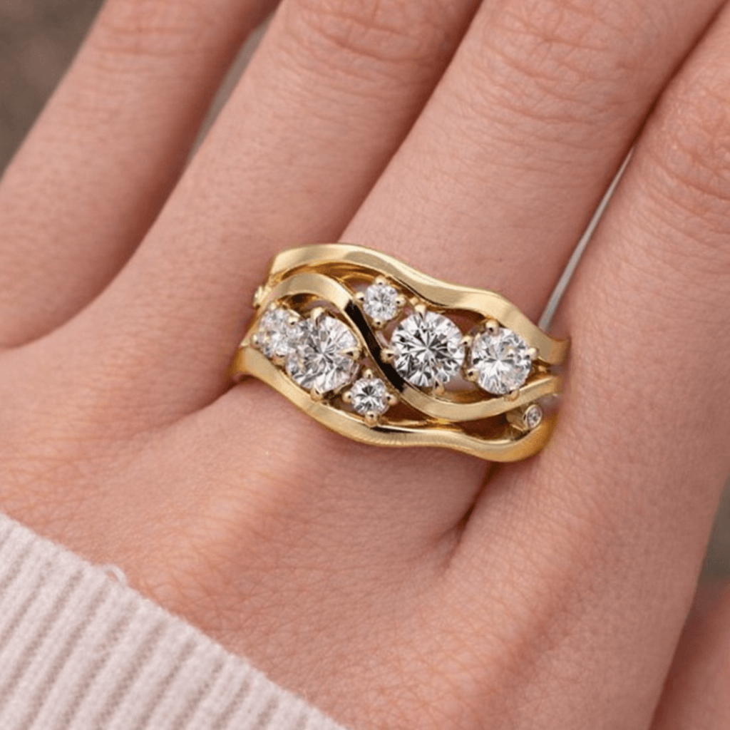 Wide Wave Shape Golden Round Cut Moissanite Anniversary Bnad Ring