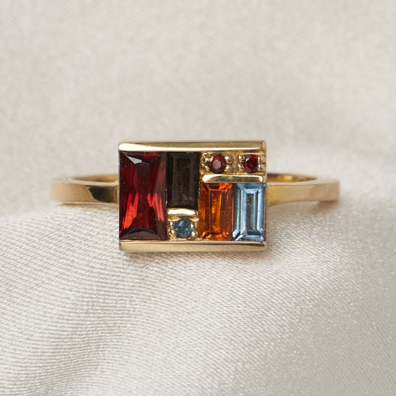 Golden Baguette Cut Garnet & Topaz & Orange & Brown Sapphire Cocktail Ring For Women Belovegrace