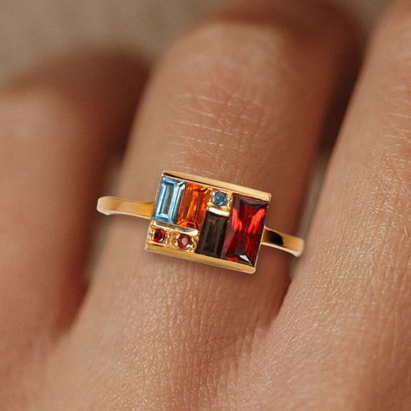 Golden Baguette Cut Garnet & Topaz & Orange & Brown Sapphire Cocktail Ring For Women Belovegrace