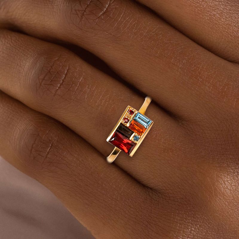Golden Baguette Cut Garnet & Topaz & Orange & Brown Sapphire Cocktail Ring For Women Belovegrace