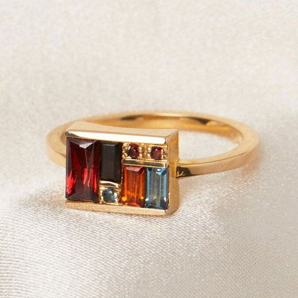 Golden Baguette Cut Garnet & Topaz & Orange & Brown Sapphire Cocktail Ring For Women Belovegrace