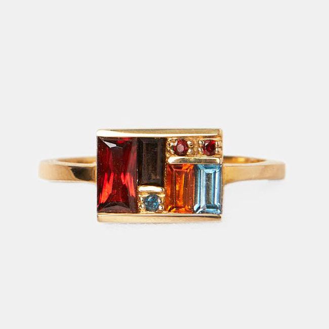Golden Baguette Cut Garnet & Topaz & Orange & Brown Sapphire Cocktail Ring For Women Belovegrace