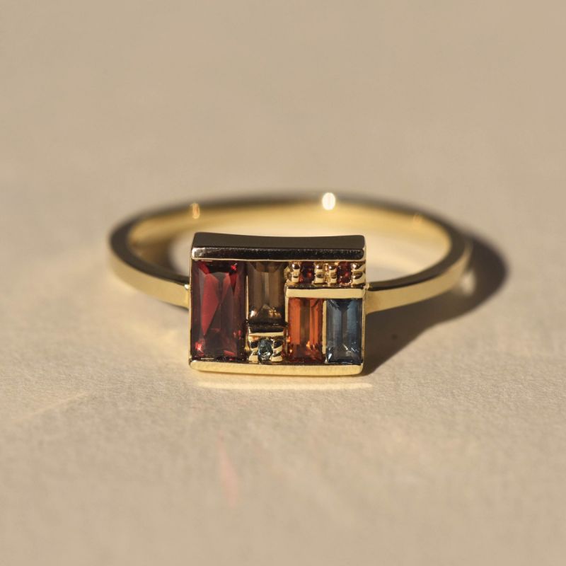 Golden Baguette Cut Garnet & Topaz & Orange & Brown Sapphire Cocktail Ring For Women Belovegrace
