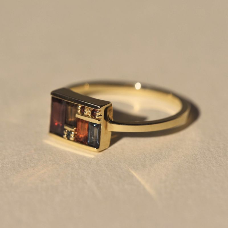 Golden Baguette Cut Garnet & Topaz & Orange & Brown Sapphire Cocktail Ring For Women Belovegrace
