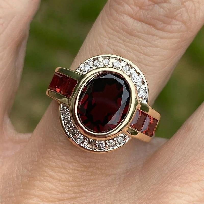 Art Deco Bezel Setting Oval Cut Garnet Sapphire Engagement Ring For Women Belovegrace