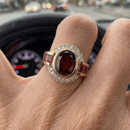 Art Deco Two Tone Bezel Setting Oval Cut Garnet Sapphire Engagement Ring
