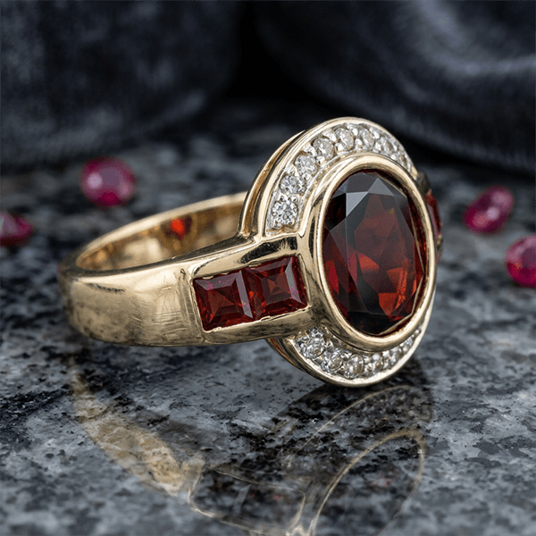 Art Deco Two Tone Bezel Setting Oval Cut Garnet Sapphire Engagement Ring