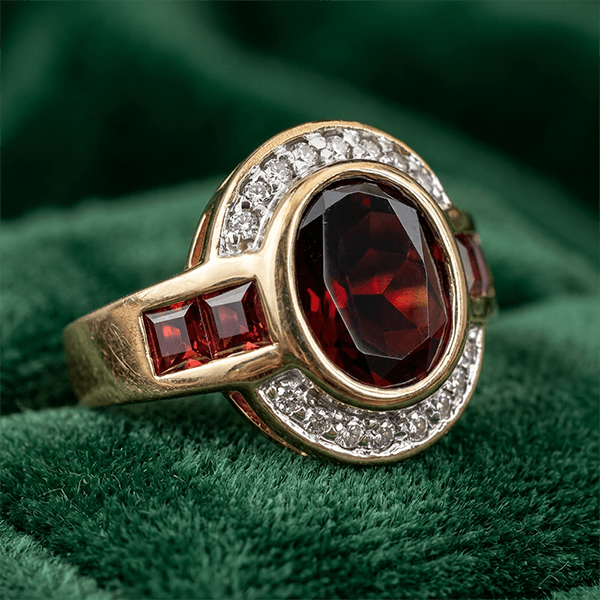 Art Deco Two Tone Bezel Setting Oval Cut Garnet Sapphire Engagement Ring