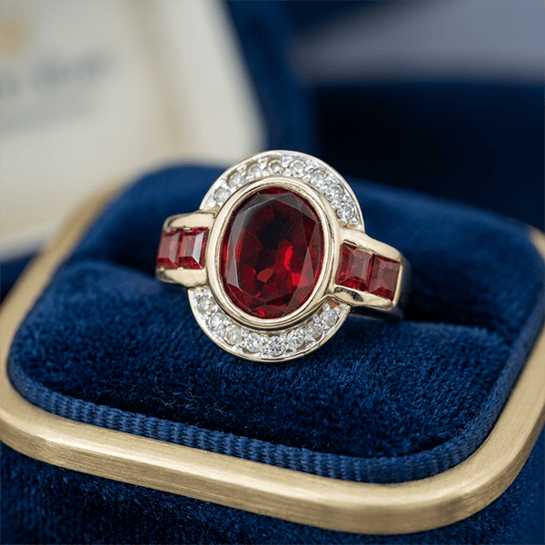 Art Deco Two Tone Bezel Setting Oval Cut Garnet Sapphire Engagement Ring
