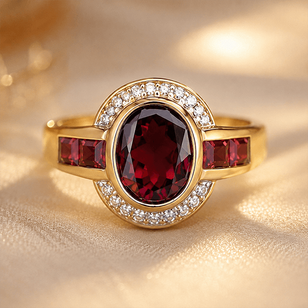 Art Deco Two Tone Bezel Setting Oval Cut Garnet Sapphire Engagement Ring