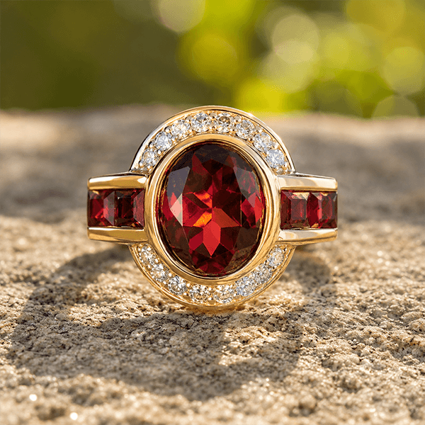 Art Deco Two Tone Bezel Setting Oval Cut Garnet Sapphire Engagement Ring