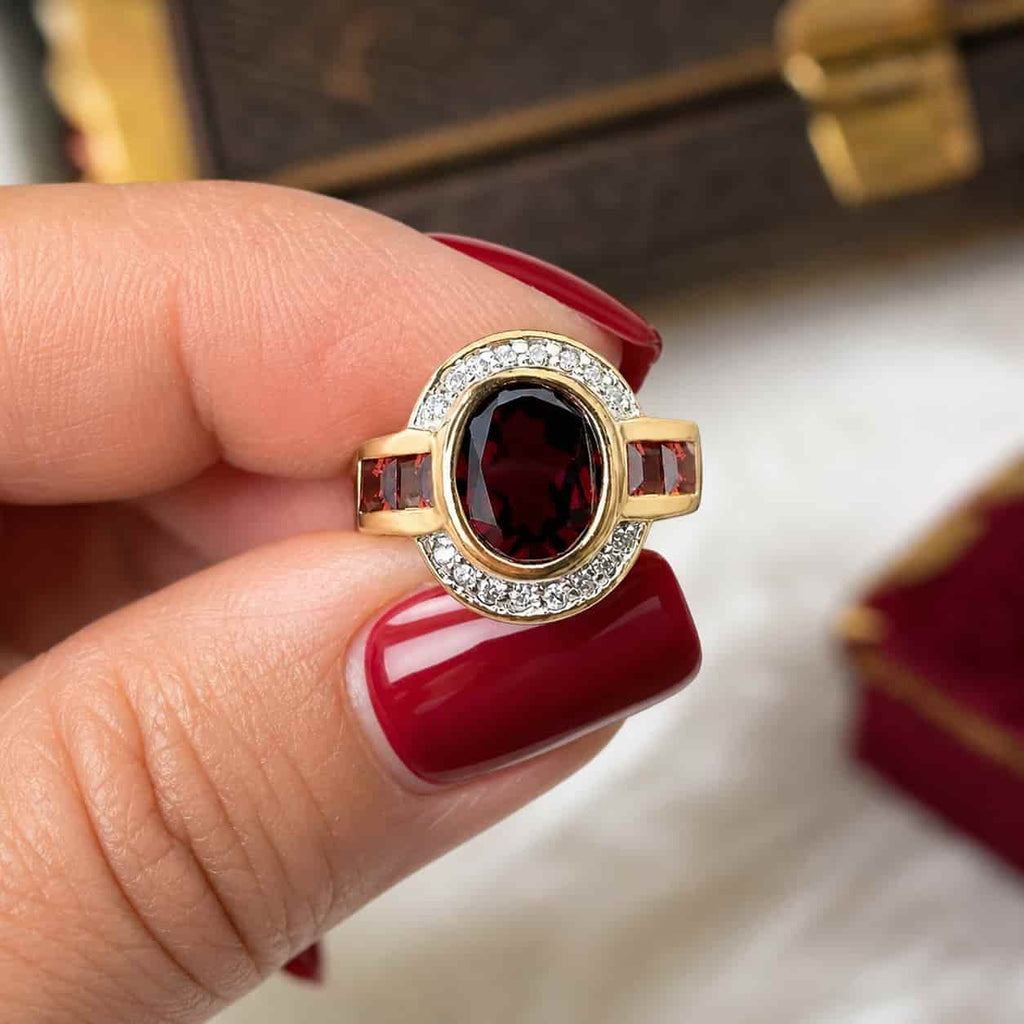 Yellow Gold Halo Bezel Oval Cut Garnet Sapphire Cocktail Ring For Women