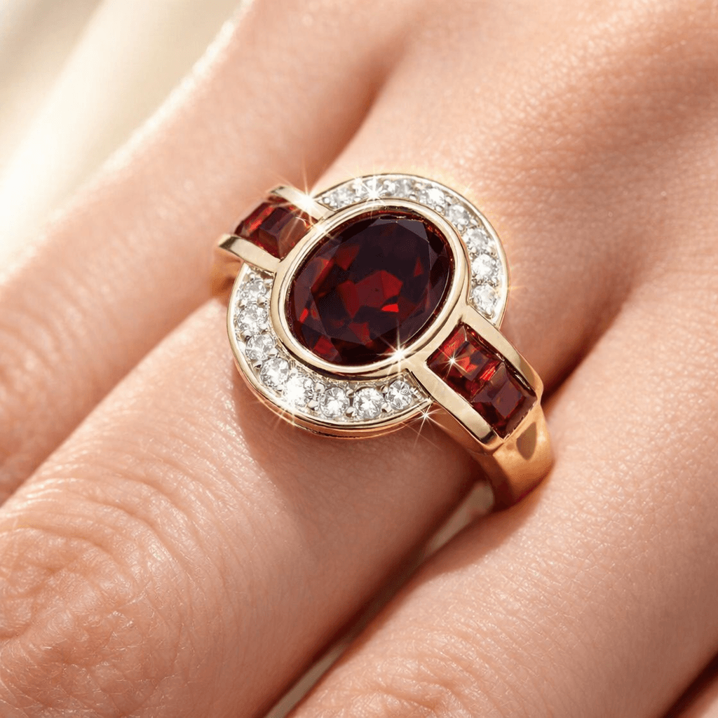 Art Deco Two Tone Bezel Setting Oval Cut Garnet Sapphire Moissanite Engagement Ring