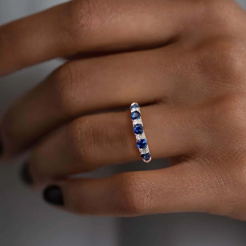 Stunning Blue & White Sapphire Round Cut Wedding Band For Women Belovegrace