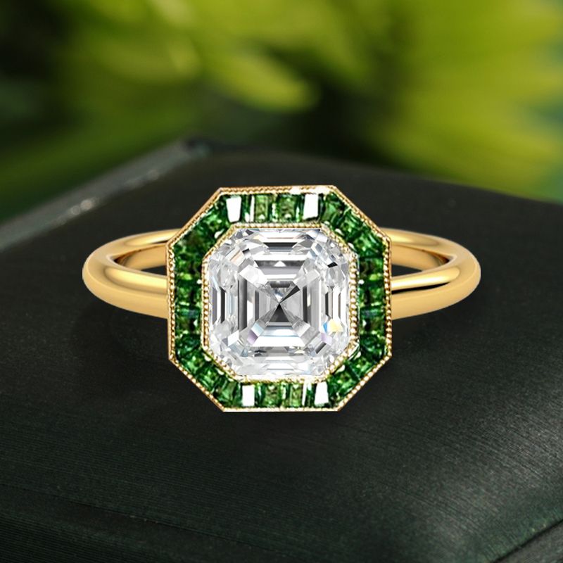 Golden Halo Asscher Cut White & Emerald Engagement Ring For Women Belovegrace