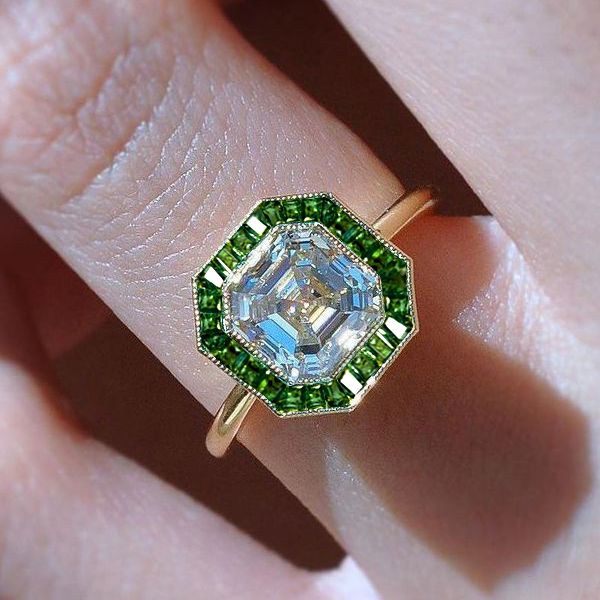Golden Halo Asscher Cut White & Emerald Engagement Ring For Women Belovegrace