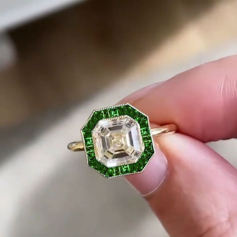 Golden Halo Asscher Cut White & Emerald Engagement Ring For Women Belovegrace