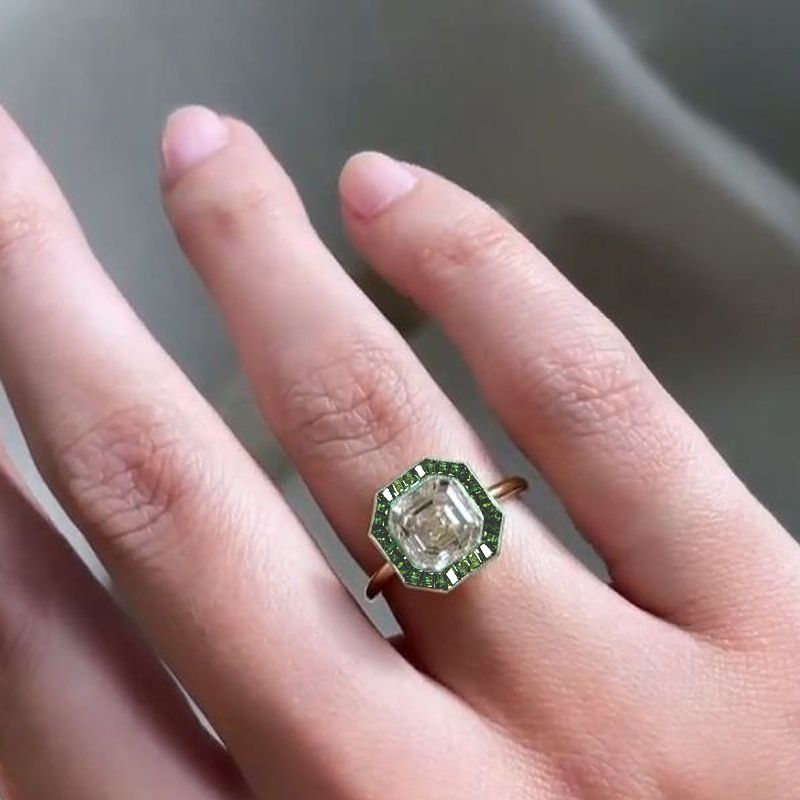 Golden Halo Asscher Cut White & Emerald Engagement Ring For Women Belovegrace